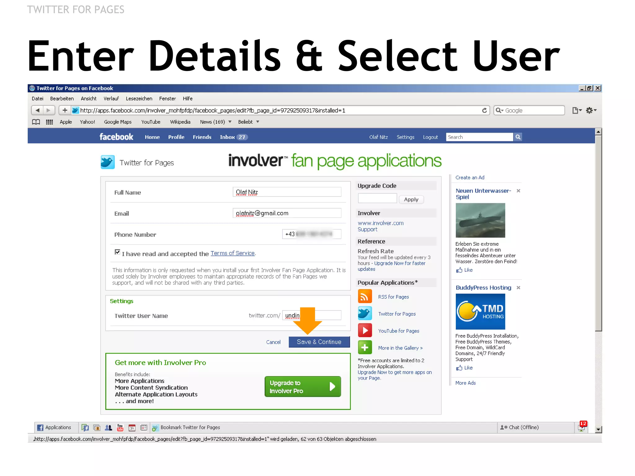 Enter Details & Select User TWITTER FOR PAGES 