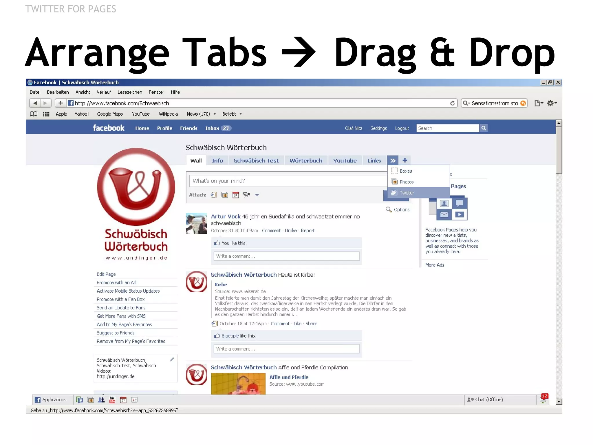 Arrange Tabs    Drag & Drop TWITTER FOR PAGES 