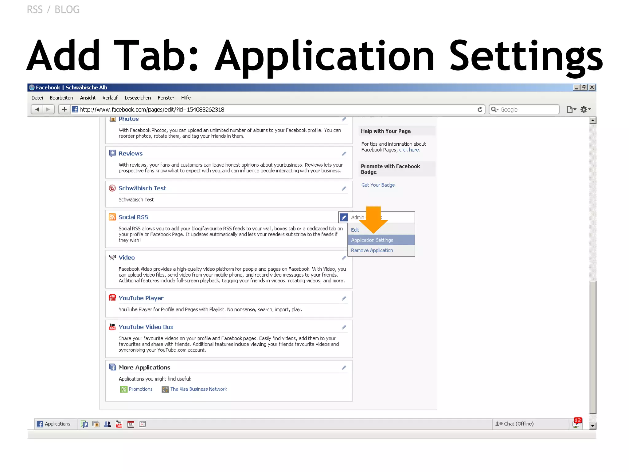 Add Tab: Application Settings RSS / BLOG 