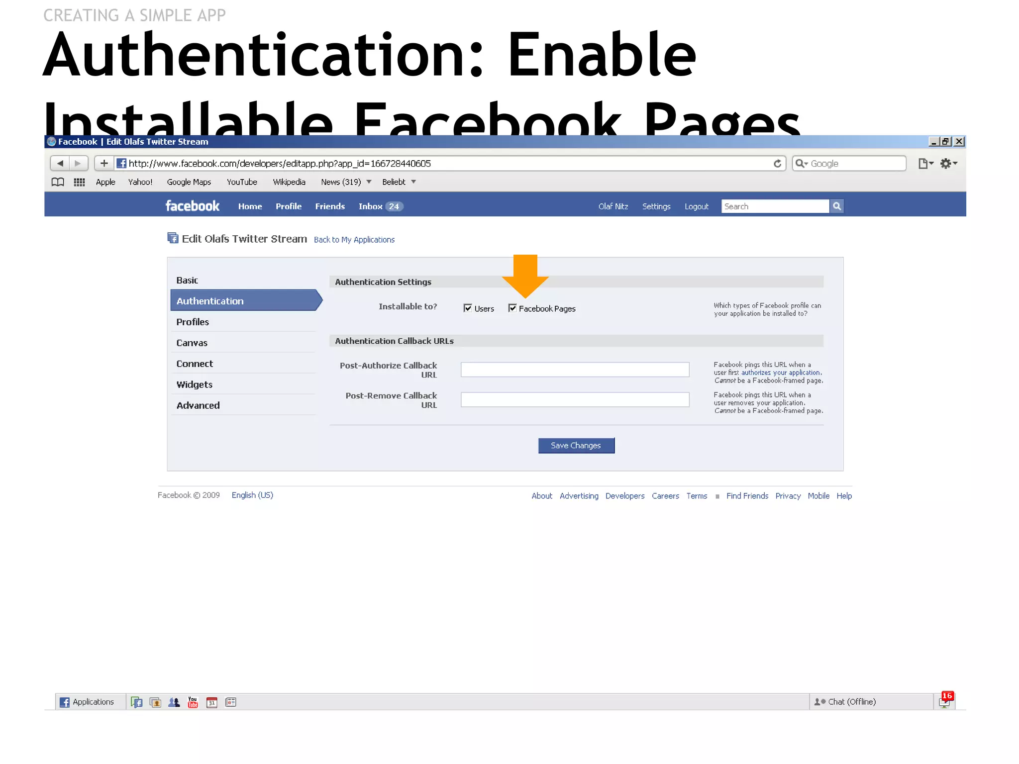 Authentication: Enable Installable Facebook Pages CREATING A SIMPLE APP 