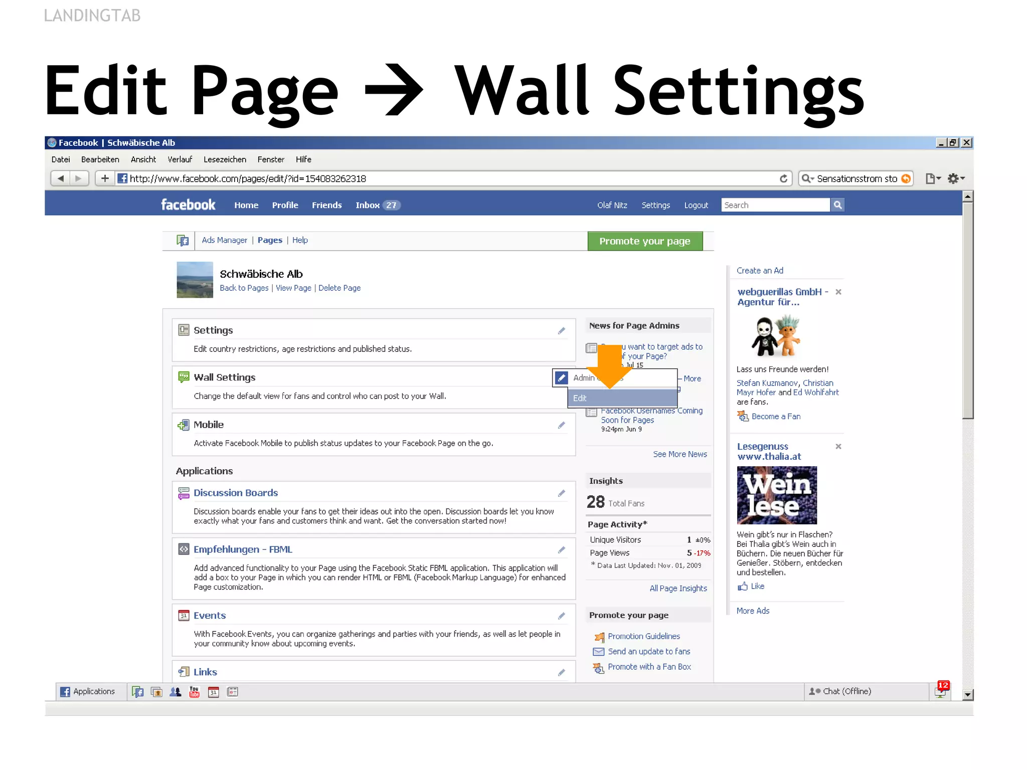 Edit Page    Wall Settings LANDINGTAB 