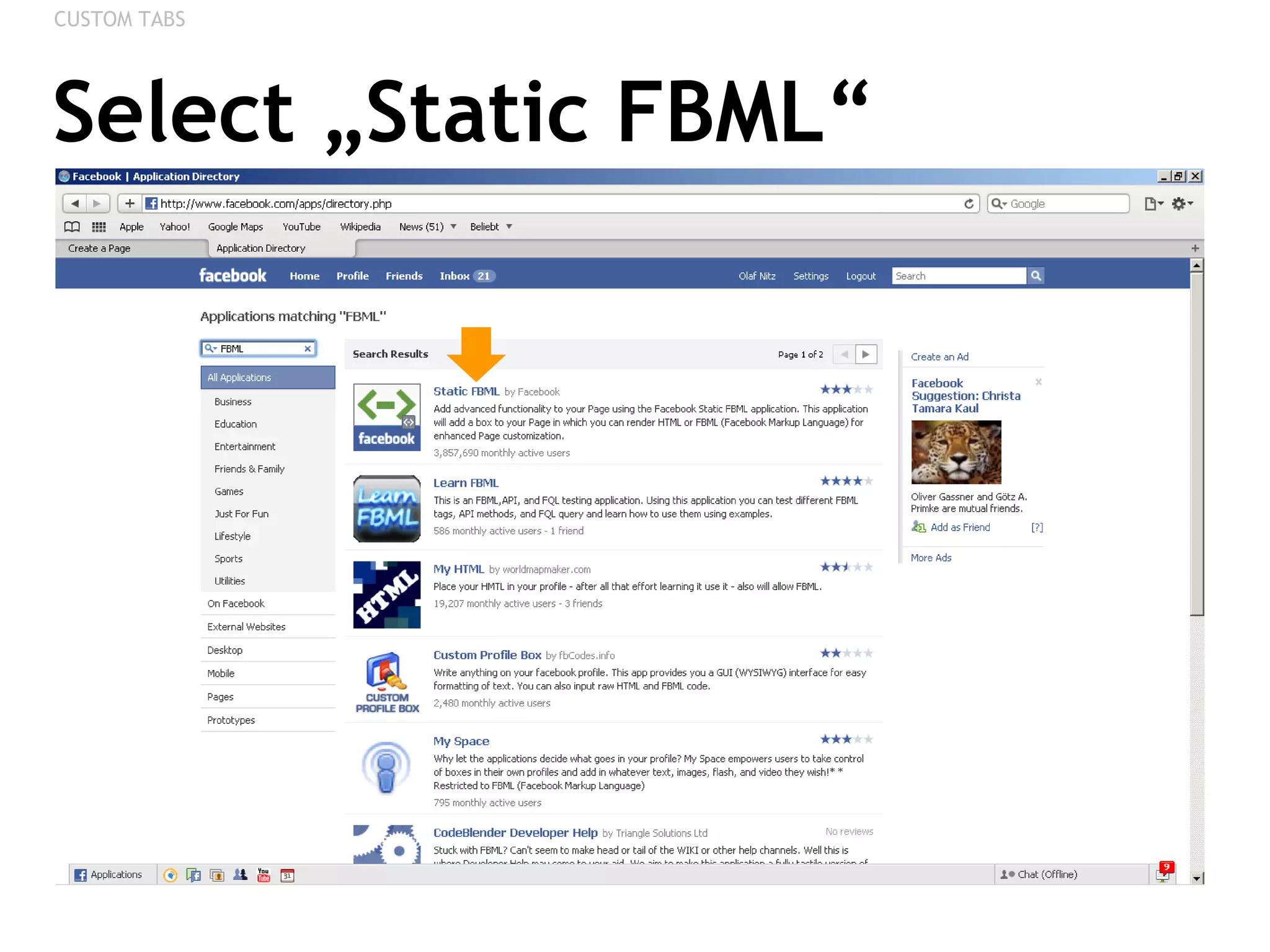Select „Static FBML“ CUSTOM TABS 