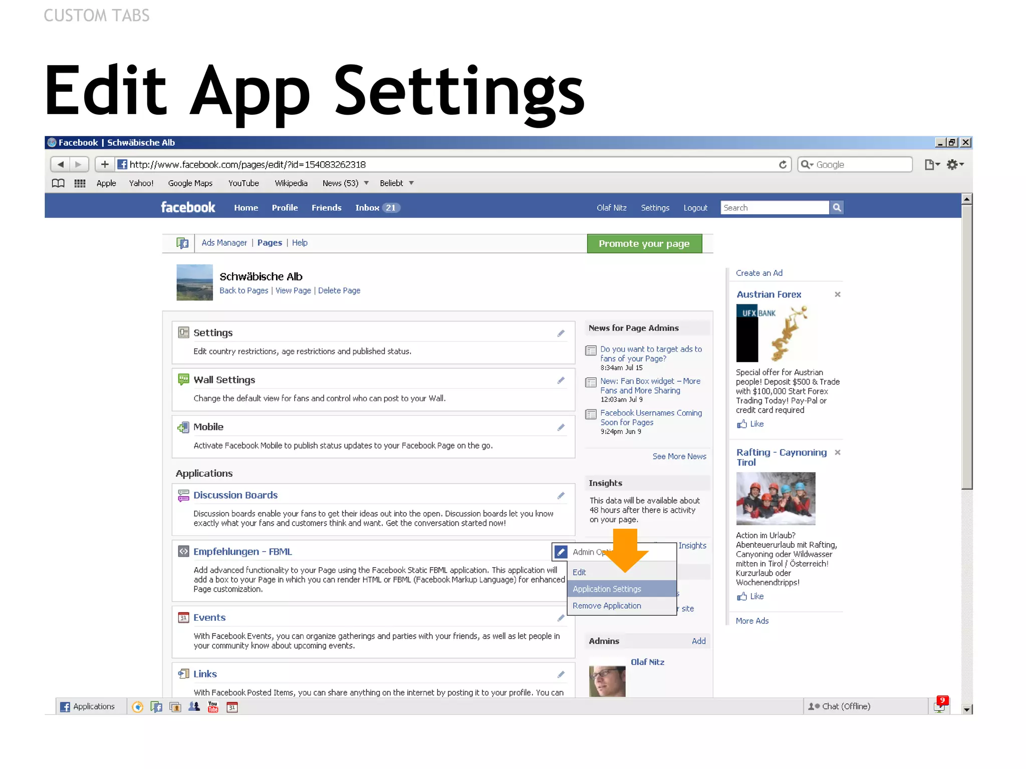 Edit App Settings CUSTOM TABS 