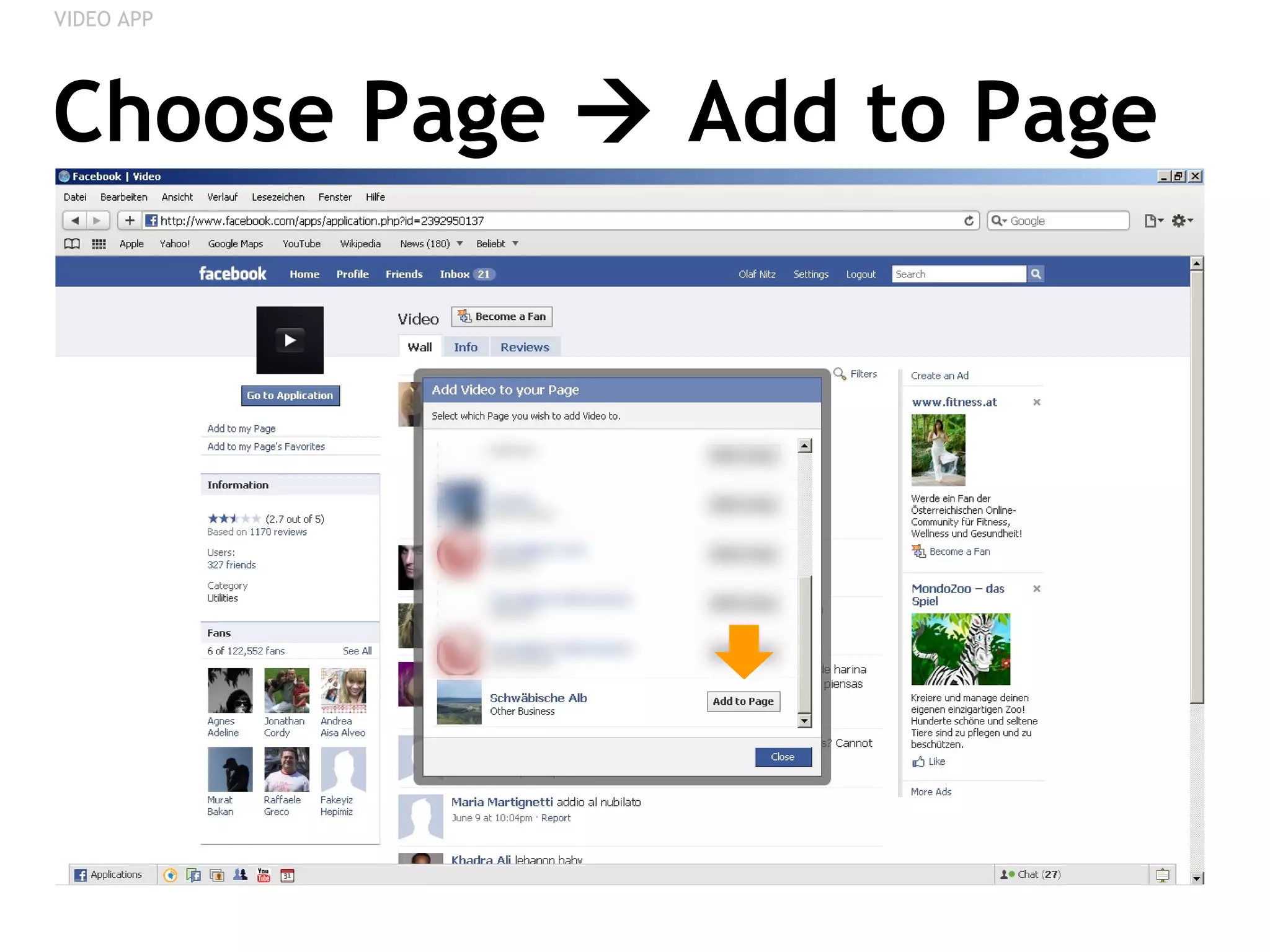 Choose Page    Add to Page VIDEO APP 