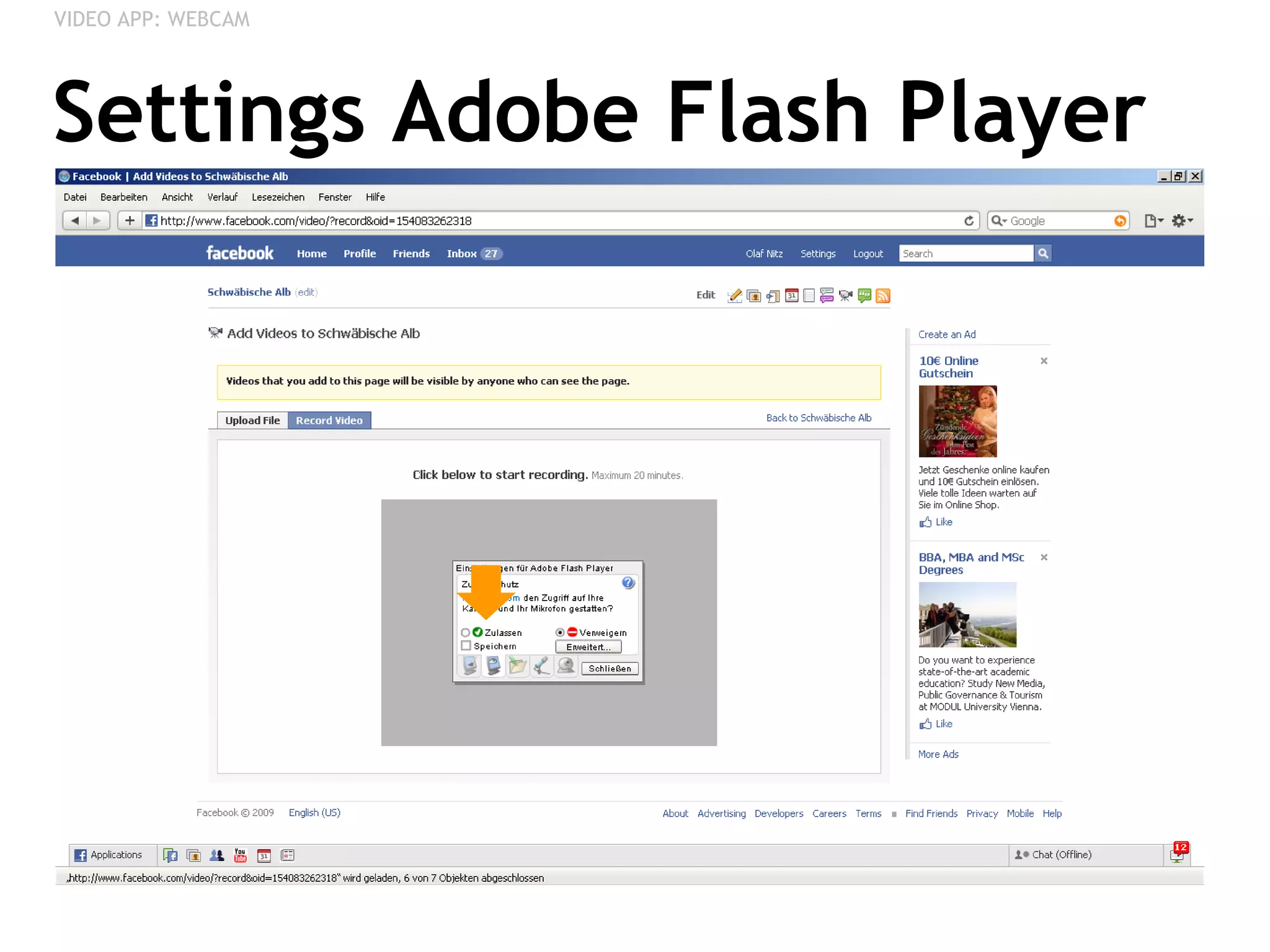 Settings Adobe Flash Player VIDEO APP: WEBCAM 