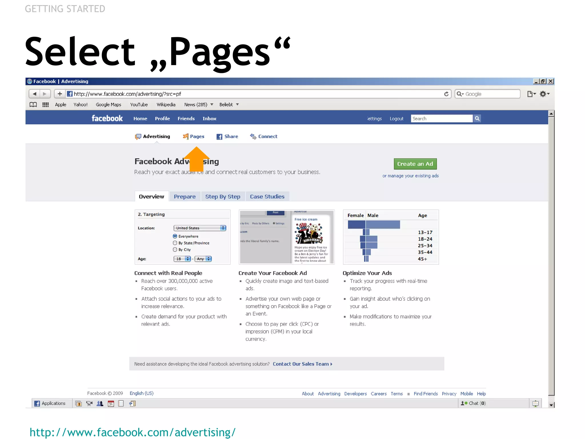 Select „Pages“ http://www.facebook.com/advertising/   GETTING STARTED 