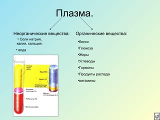 Плазма.
Неорганические вещества: Органические вещества:
•белки
•Глюкоза
•Жиры
•Углеводы
•Гормоны
•Продукты распада
•витамины
• Соли натрия,
калия, кальция:
• вода
 