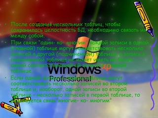 Связывание таблиц• После создания нескольких таблиц, чтобы
сохранилась целостность БД, необходимо связать их
между собой.
• При связи “один- ко- многим” каждой записи в одной
(главной) таблице могут соответствовать несколько
записей в другой (подчиненной) таблице, а запись в
подчиненной таблице не может иметь не более
одной соответствующей ей записи в главной
таблице.
• Если одной записи в первой таблице могут
соответствовать несколько записей во второй
таблице и, наоборот, одной записи во второй
таблице – несколько записей в первой таблице, то
реализуется связь”многие- ко- многим”
 