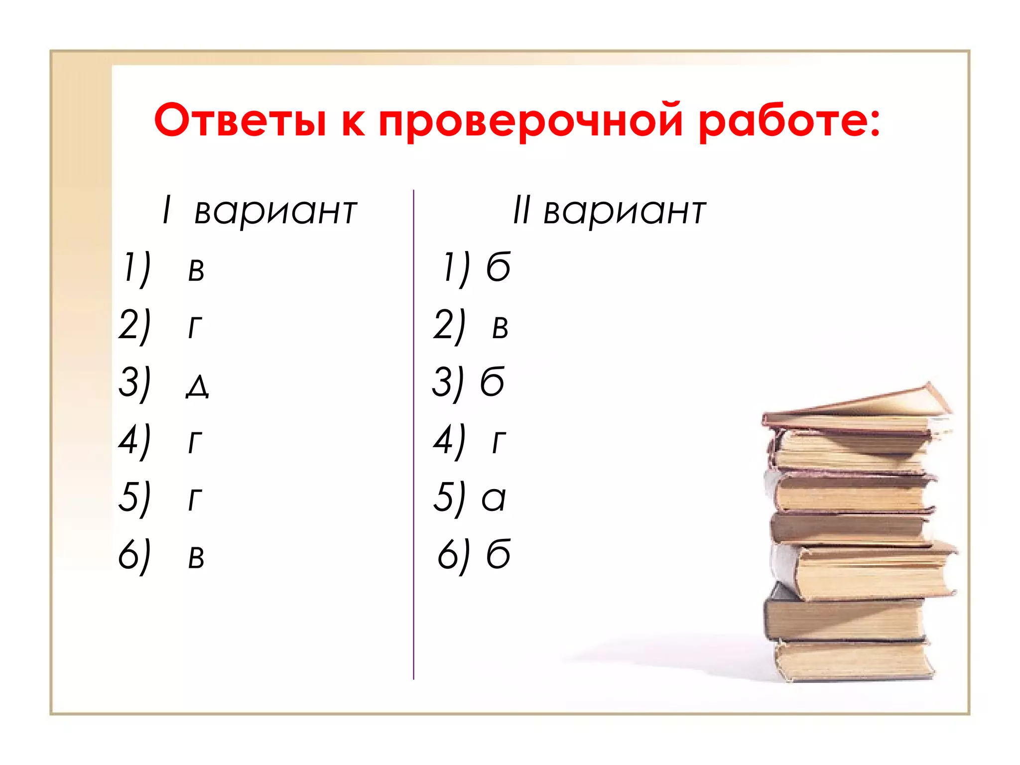 Ответы к проверочной работе:
I вариант II вариант
1) в 1) б
2) г 2) в
3) д 3) б
4) г 4) г
5) г 5) а
6) в 6) б
 