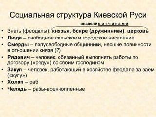 Социальная структура Киевской Руси
                             владели в о т ч и н а м и
• Знать (феодалы): князья, бояре (дружинники), церковь
• Люди – свободное сельское и городское население
• Смерды – полусвободные общинники, несшие повинности
  в отношении князя (?)
• Рядович – человек, обязанный выполнять работы по
  договору («ряду») со своим господином
• Закуп – человек, работающий в хозяйстве феодала за заем
  («купу»)
• Холоп – раб
• Челядь – рабы-военнопленные
 