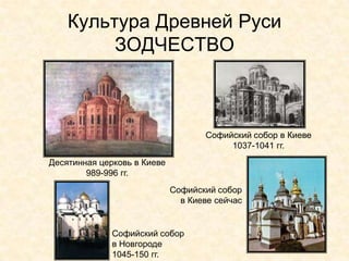 Культура Древней Руси
         ЗОДЧЕСТВО



                                    Софийский собор в Киеве
                                         1037-1041 гг.
Десятинная церковь в Киеве
        989-996 гг.
                             Софийский собор
                               в Киеве сейчас


              Софийский собор
              в Новгороде
              1045-150 гг.
 