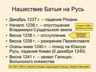 Нашествие Батыя на Русь
• Декабрь 1237 г. – падение Рязани
• Начало 1238 г. – опустошение    4 марта 1238 г.
                                  битва на р.Сити
  Владимиро-Суздальской земли
                                  Козельск
• Весна 1238 г. – отступление      49 дней

• Весна 1239 г. – разорение Переяславля
• Осень-зима 1240 г. – поход на Южную
  Русь, падение Киева (6 декабря 1240)
• Весна 1241 г. – захват Галицко-
  Волынского княжества
  В 1241-1242 гг. монголо-татары опустошили Польшу, Чехию и Венгрию
 