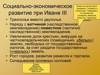 Социально-экономическое              Поместье нельзя было
                                    1продавать, 2отдавать в

  развитие при Иване III
                                    монастыри,  3передавать

                                         по наследству
                                      сыновьям, имевшим
                                      поместья, 4замужним
 • Трехполье вместо двуполья.               дочерям

 • Наряду с вотчиной (наследственное
   землевладение) поместное (частично
   наследственное) землевладение.
 • Увеличение доли крестьян, живущих на
   частновладельческих (помещичьих, «белых»)
   землях, свободных от государственных
   налогов, за счет раздачи государственных
   («черных») земель.
 • Рост городов, развитие ремесла и торговли.
 • Складывание основных сословий.
                Бояре
               Дворяне
             Духовенство
            Посадские люди
              Крестьяне
 