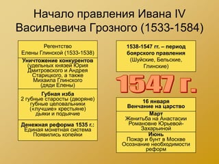 Начало правления Ивана IV
Васильевича Грозного (1533-1584)
        Регентство            1538-1547 гг. – период
Елены Глинской (1533-1538)    боярского правления
Уничтожение конкурентов        (Шуйские, Бельские,
  (удельных князей Юрия             Глинские)
  Дмитровского и Андрея
    Старицкого, а также
    Михаила Глинского
       (дяди Елены)
      Губная реформа:
        Губная изба
2 губные старосты в руках
   Судебные дела (дворяне)          16 января
  выборныхцеловальники
    губные губных старост     Венчание на царство
    («лучшие» крестьяне)
    («обыск» и наказание
      дьяки и подьячие
         виновных)                    Март
                              Женитьба на Анастасии
Денежная реформа 1535 г.:      Романовне Юрьевой-
 Единая монетная система           Захарьиной
    Появились копейки                 Июнь
                              Пожар и бунт в Москве
                             Осознание необходимости
                                     реформ
 