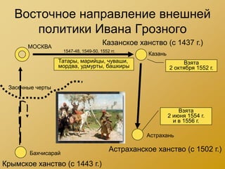 Восточное направление внешней
      политики Ивана Грозного
       МОСКВА
                                       Казанское ханство (с 1437 г.)
                    1547-48, 1549-50, 1552 гг.
                                                     Казань
                  Татары, марийцы, чуваши,                         Взята
                  мордва, удмурты, башкиры                    2 октября 1552 г.


 Засечные черты



                                                                  Взята
                                                              2 июня 1554 г.
                                                                и в 1556 г.

                                                    Астрахань


       Бахчисарай
                                          Астраханское ханство (с 1502 г.)
Крымское ханство (с 1443 г.)
 