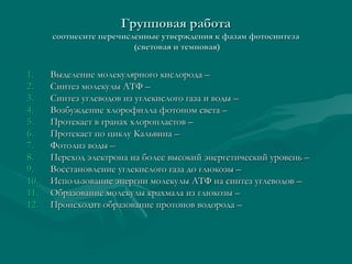 Групповая работаГрупповая работа
соотнесите перечисленные утверждения к фазам фотосинтезасоотнесите перечисленные утверждения к фазам фотосинтеза
(световая и темновая)(световая и темновая)
1.1. Выделение молекулярного кислорода –Выделение молекулярного кислорода –
2.2. Синтез молекулы АТФ –Синтез молекулы АТФ –
3.3. Синтез углеводов из углекислого газа и воды –Синтез углеводов из углекислого газа и воды –
4.4. Возбуждение хлорофилла фотоном света –Возбуждение хлорофилла фотоном света –
5.5. Протекает в гранах хлоропластов –Протекает в гранах хлоропластов –
6.6. Протекает по циклу Кальвина –Протекает по циклу Кальвина –
7.7. Фотолиз воды –Фотолиз воды –
8.8. Переход электрона на более высокий энергетический уровень –Переход электрона на более высокий энергетический уровень –
9.9. Восстановление углекислого газа до глюкозы –Восстановление углекислого газа до глюкозы –
10.10. Использование энергии молекулы АТФ на синтез углеводов –Использование энергии молекулы АТФ на синтез углеводов –
11.11. Образование молекулы крахмала из глюкозы –Образование молекулы крахмала из глюкозы –
12.12. Происходит образование протонов водорода –Происходит образование протонов водорода –
 
