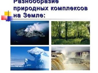 Разнообразие
природных комплексов
на Земле:
 