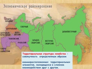 Территориальная структура хозяйства -
совокупность определенным образом

взаиморасположенных территориальных
элементов, находящихся в сложном
взаимодействии друг с другом.
 