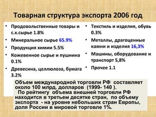 Товарная структура экспорта 2006 год
• Продовольственные товары и • Текстиль и изделия, обувь
  с.х.сырье 1.8%                 0.3%
• Минеральное сырье 65.9%      • Металлы, драгоценные
• Продукция химии 5.5%           камни и изделия 16,3%
• Кожевенное сырье и пушнина • Машины, оборудование и
  0.1%                           транспорт 5,8%
• Древесина, целлюлоза, бумага • Прочее 1.1
  3.2%
    Объем международной торговли РФ составляет
    около 100 млрд. долларов (1999- 140 ).
      По рейтингу объема внешней торговли РФ
    находится в третьем десятке стран, по объему
    экспорта - на уровне небольших стран Европы,
    доля России в мировой торговле 1%.
 
