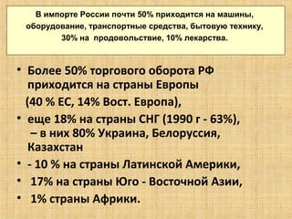 В импорте России почти 50% приходится на машины,
 оборудование, транспортные средства, бытовую технику,
        30% на продовольствие, 10% лекарства.



• Более 50% торгового оборота РФ
   приходится на страны Европы
  (40 % ЕС, 14% Вост. Европа),
• еще 18% на страны СНГ (1990 г - 63%),
   – в них 80% Украина, Белоруссия,
   Казахстан
• - 10 % на страны Латинской Америки,
• 17% на страны Юго - Восточной Азии,
• 1% страны Африки.
 