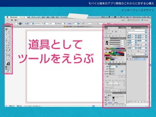 モバイル端末のアプリ開発のこれからに対する心構え
道具として
ツールをえらぶ
インターフェースデザイン
 