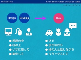 モバイル端末のアプリ開発のこれからに対する心構え
インターフェースデザイン
Design Develop User
•部屋の中
•机の上
•いすに座って
•集中して
•外で
•歩きながら
•他の人と話しながら
•リラックスして
#MobileFrontier
 