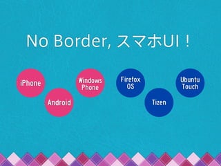 No Border, スマホUI！
iPhone
Android
Windows
Phone
Firefox
OS
Ubuntu
Touch
Tizen
 