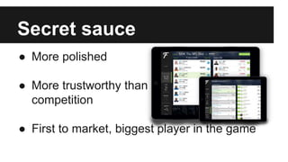 Secret sauce
● More polished
● More trustworthy than
competition
● First to market, biggest player in the game
 