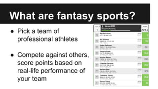 What are fantasy sports?
● Pick a team of
professional athletes
● Compete against others,
score points based on
real-life performance of
your team
 