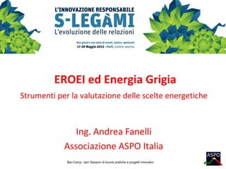 EROEI ed Energia Grigia
Strumenti per la valutazione delle scelte energetiche

Ing. Andrea Fanelli
Associazione ASPO Italia
Bar-Camp: Jam Session di buone pratiche e progetti innovativi

 