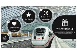 Wrapping it all up
3 great steps to take control ofyour digital train
and conduct a steady and scenic ride for allof your
passionate passengers toenjoy!
Lead the way
Embrace the
Passion
Expand your
Game time
1
2
3
Jesper@7peaks.dk @Nyholmdk
 