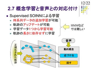 12/22
2.7 概念学習と音声との対応付け
   Supervised SOINNによる学習
       時系列データの追加学習が可能
       軌跡のアップデートが可能          HMMなど
       学習データ１つから学習可能         では難しい
       軌跡の長さに依存せずに学習

                            音声
        正
        規
        化                   動的概念
        さ
        れ                   近づける
        た
        軌
        跡                    回す
 