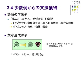 17/22
    3.4 少数例からの文法獲得
   語順の学習例
       「りんご、みかん、近づける」を学習
           トップダウン：動作の主体→動作の参照点→動きの種類
           ボトムアップ：物体→物体→動き


   文章生成の例

                           ※静的概念（メロン、ルビー）は
                            学習済みとする



        「メロン、 ルビー、 近づける」
 