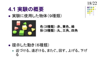18/22
4.1 実験の概要
   実験に使用した物体（９種類）

               色（３種類）：赤、黄色、緑
               形（３種類）：丸、三角、四角



   提示した動き（６種類）
       近づける、遠ざける、またぐ、回す、上げる、下げ
        る
 