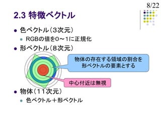 8/22
2.3 特徴ベクトル
   色ベクトル（３次元）
       RGBの値を０～１に正規化
   形ベクトル（８次元）
                 物体の存在する領域の割合を
                  形ベクトルの要素とする


                中心付近は無視
   物体（１１次元）
       色ベクトル＋形ベクトル
 