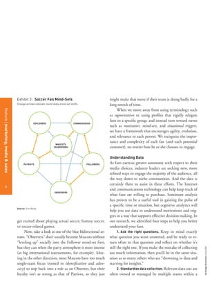 7
strategy+businessissue84
might make that move if their team is doing badly for a
long stretch of time.
When we move away from using terminology such
as segmentation or using proﬁles that rigidly relegate
fans to a speciﬁc group, and instead turn toward terms
such as motivators, mind-sets, and situational triggers,
we have a framework that encourages agility, evolution,
and relevance to each person. We recognize the impor-
tance and complexity of each fan (and each potential
customer), no matter how he or she chooses to engage.
Understanding Data
As fans exercise greater autonomy with respect to their
media choices, industry leaders are seeking new, more
reﬁned ways to engage the majority of the audience, all
the way down to niche communities. And the data is
certainly there to assist in these efforts. The Internet
and communications technology can help keep track of
what fans are willing to purchase. Sentiment analysis
has proven to be a useful tool in gaining the pulse of
a speciﬁc time or situation, but cognitive analytics will
help you use data to understand motivations and trig-
gers in a way that supports effective decision making. In
our research, we identiﬁed four steps to help you better
understand your fans.
1. Ask the right questions. Keep in mind exactly
what question you want answered, and be ready to re-
turn often to that question and reﬂect on whether it’s
still the right one. If you make the mistake of collecting
too much information, then you’ll be in the same situ-
ation as so many others who are “drowning in data and
starving for insights.”
2. Standardize data collection. Relevant data sets are
often owned or managed by multiple teams within a
get excited about playing actual soccer, fantasy soccer,
or soccer-related games.
Now, take a look at one of the blue bidirectional ar-
rows. “Observers” don’t usually become Mascots without
“leveling up” socially into the Follower mind-set ﬁrst,
but they can when the party atmosphere is most intense
(at big international tournaments, for example). Mov-
ing in the other direction, most Mascots have too much
single-team focus (rooted in identiﬁcation and advo-
cacy) to step back into a role as an Observer, but their
loyalty isn’t as strong as that of Patriots, so they just
EXPLORERS CONNOISSEURS
MASCOTS
(GUARDIANS)
PATRIOTS FOLLOWERS
OBSERVERS
Source: Erin Reilly
Exhibit 2: Soccer Fan Mind-Sets
Orange arrows indicate more likely mind-set shifts.
7
featuremarketing,media&sales
 