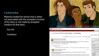 Material created for stories that is either
not associated with the accepted universe
of the story or not made by accepted
creators for that story.
Fan Art
Fanfiction
F A N W O R K
C R E D I T : J A Z Z F O R T H E C A P T A I N , T U M B L R
 