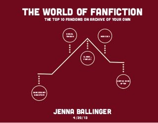 THE WORLD OF FANFICTION
Jenna Ballinger
unnecessary
backstory
Sexual
tension
Climax...
FINALLY!
More sex
Happily ever
after
The top 10 Fandoms on Archive of your own
4/20/13
 