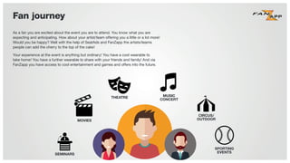 As a fan you are excited about the event you are to attend. You know what you are
expecting and anticipating. How about your artist/team offering you a little or a lot more!
Would you be happy? Well with the help of SeatAds and FanZapp the artists/teams
people can add the cherry to the top of the cake!
Your experience at the event is anything but ordinary! You have a cool wearable to
take home! You have a further wearable to share with your friends and family! And via
FanZapp you have access to cool entertainment and games and offers into the future.
Fan journey
SPORTING
EVENTS
CIRCUS/
OUTDOOR
MUSIC
CONCERT
THEATRE
MOVIES
SEMINARS
 