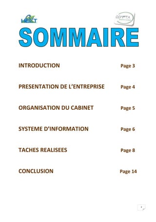 INTRODUCTION                   Page 3



PRESENTATION DE L’ENTREPRISE   Page 4



ORGANISATION DU CABINET        Page 5


SYSTEME D’INFORMATION          Page 6



TACHES REALISEES               Page 8



CONCLUSION                     Page 14




                                         2
 