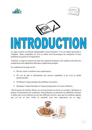Le stage constitue un élément indispensable à notre formation. C’est un contact qui permet à
l’étudiant (futur comptable), de vivre la réalité socio-économique des entreprises et leurs
problèmes de gestion et d’organisation.

Toutefois, ce stage m’a permis de tester mes capacités d’analyse et de synthèse et de faire une
comparaison entre application théorique et application pratique.

Les expériences du stage ont été :

       Réviser, tester et améliorer mes connaissances.

       De voir de près le déroulement des travaux comptables et de vivre la réalité
       professionnelle ;

       D’affronter l’aspect pratique des problèmes rencontrés ;

       Distinguer l’aspect théorique et l’aspect pratique pour les travaux effectués ;

Afin d’exposer de manière efficace ces un mois passées au sein de ces sociétés, j’aborderai en
premier la présentation des entreprises. Deuxièmement, je préciserai les différentes missions
et tâches que j’ai pu effectuer au sein des différents services, ainsi que les nombreux apports
que j’ai pu en tirer. Enfin, je conclurai avec mes impressions sur ce stage.




                                                                                                  4
 