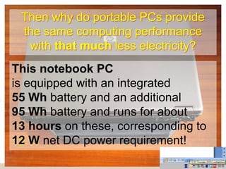 Then why do portable PCs provide
 the same computing performance
  with that much less electricity?
This notebook PC
is equipped with an integrated
55 Wh battery and an additional
95 Wh battery and runs for about
13 hours on these, corresponding to
12 W net DC power requirement!
 