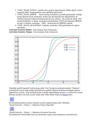 2. FANN_TRAIN_BATCH : standart Geri yayılma algoritmasıdır. Bütün eğitim verileri
uygulanıp MSE hesaplandıktan sonra ağırlıklar güncellenir.
3. FANN_TRAIN_RPROP : batch training metodunun çok daha gelişmişidir, özelliği
gereği öğrenme hızını kullanmaz. Kendi ayar parametrelerinin değiştirilmesi de
metodun işleyişini bilmeyen kullanıcılara tavsiye edilmez. Bu metod ilk olarak 1993
yılında Riedmiller ve Braun, tarafından geliştirilmiştir. FANN da kullanılan iRPROP-
ise Igel ve Husken, tarafından – 2000 - geliştirilmiş bir RPROP çeşididir
4. FANN_TRAIN_QUICKPROP : Fahlman, tarafından 1988 geliştirilmiş bir eğitim
metodudur.
Activation Function Hidden : Saklı Katman Eşik Fonksiyonu
Activation Function Output : Çıkış Katmanı Eşik Fonksiyonu
Yukardaki grafik Sigmoid Fonksiyonuna aitdir. Fine Tuning kısmında göreceğiniz “Stepness”
seçeneklerinin de ne ifade ettiğini görebilirsiniz grafikte Sigmoid fonksiyonu değişik stepness
değerleriyle çizilmiş. Peki bu fonksiyonlar temelde doğrusallıktan kurtarır ve verileri bir sonraki
katmana taşırken yine belli sınırlar içinde tutar. Daha detaylı bilgi için buraya bakın
Bu kısımlarda gereken ayarları kendiniz seçerek yapabileceğiniz gibi. Menüden
Neural Network -> Detect -> Optimum Trainin Algorithm
Neural Network -> Detect -> Optimum Activation Functions
Seçenekleriyle FannTooldan Sizin için denemeler yapıp sonuça ulaşmasını isteyebilirsiniz.
 