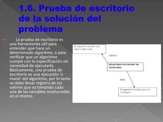  La prueba de escritorio es
una herramienta útil para
entender que hace un
determinado algoritmo, o para
verificar que un algoritmo
cumple con la especificación sin
necesidad de ejecutarlo.
Básicamente, una prueba de
escritorio es una ejecución ‘a
mano’ del algoritmo, por lo tanto
se debe llevar registro de los
valores que va tomando cada
una de las variables involucradas
en el mismo.
 