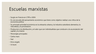 Escuelas marxistas
◦ Surgio en Francia en 1795 a 1834.
◦ Es una escuela del pensamiento económico que tiene como objetivo realizar una crítica de la
economía política
◦ Su principal actividad económica es la artesanía urbana y la industria subsidiaria demestica, la
naturaleza y la procesasion.
◦ Produccion a la distribución y al valor que son individualistas que conducen a la acumulación del
capital y la miseria
◦ Personajes principales:
◦ Carlos marx
◦ Fed
◦ Erico engels
◦ Vi linchi
 