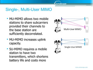 Single-, Multi-User MIMOMU-MIMO allows two mobile stations to share subcarriers provided their channels to the base station are sufficiently decorrelated.MU-MIMO increases uplink capacity.SU-MIMO requires a mobile station to have two transmitters, which shortens battery life and costs more