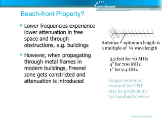 Beach-front Property?Lower frequencies experience lower attenuation in free space and through obstructions, e.g. buildingsHowever, when propagating through metal frames in modern buildings, Fresnel zone gets constricted and attenuation is introducedAntenna – optimum length is a multiple of  ¼ wavelength3.3 feet for 70 MHz4” for 700 MHz1” for 2.4 GHzLonger antennas required for UHF may be problematic for handheld devices