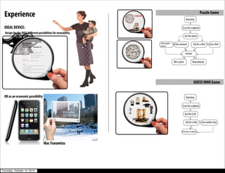 Experience                                                      5:08:30
                                                                                                                            Narration
                                                                                                                                            Puzzle Game


  IDEAL DEVICE:                                                                                                     Scan the sculpture
  Design for the IDEA. Di erent possibilities for wearability.
                                                                                                                        Get the Quest

                                                                                         Other player’s   y                                           y
                                                                                                              Ask someone            Ask for a Hint       Get a Hint
                                                                                         answer
                                                                                                                        N               N

                                                                                                                        Answer
                                                                                                                    R                   W

                                                                                                          Win a piece                Keep playing




                                                                                                                                      GUESS WHO Game


  OR as an economic possibility                                                                                             Narration

                                                                                                                    Scan the sculpture

                                                                                                                        Get the CLUE
                                                                 info eliminate choose
                                                                                                                                            y
                                                                                                                        Ask for a Hint          Get another clue
                                                                                                                                 N

                                                                                                                    Eliminate a sculpture




                                     Mac Funamizu




Thursday, October 14, 2010
 