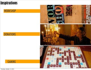 Inspirations

      WORKSHOP




      DONATIONS




             GAMING

Thursday, October 14, 2010
 