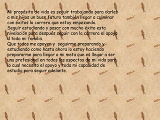Mi propósito de vida es seguir trabajando para darles
a mis hijos un buen futuro también llegar a culminar
con éxitos la carrera que estoy empezando.
Seguir estudiando y pasar con mucho éxito esta
nivelación para después seguir con la carrera el apoyo
d toda mi familia.
Que todos me apoyen y seguirme preparando y
estudiando como hasta ahora lo estoy haciendo
prepararme para llegar a mi meta que es llegar a ser
una profesional en todos los aspectos de mi vida para
lo cual necesito el apoyo y toda mi capacidad de
estudio para seguir adelante.

 